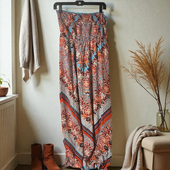 Angie Boho Maxi Dress–Red Blue Paisley Strapless Smocked Winter Layering Look - Picture 2 of 8